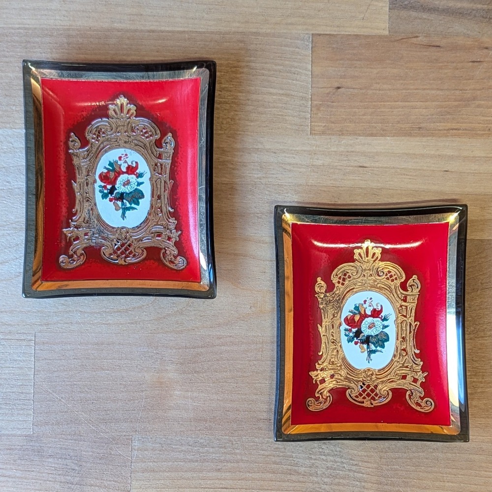Vintage Red Gold Floral Glass Trinket Dish Set Small Rectangular Gilt Trays 2pc